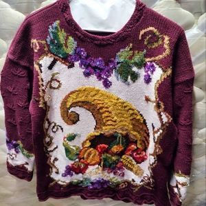 Vintage Marisa Christina Knitted by Hand Cornucopia Thanksgiving Sweater L